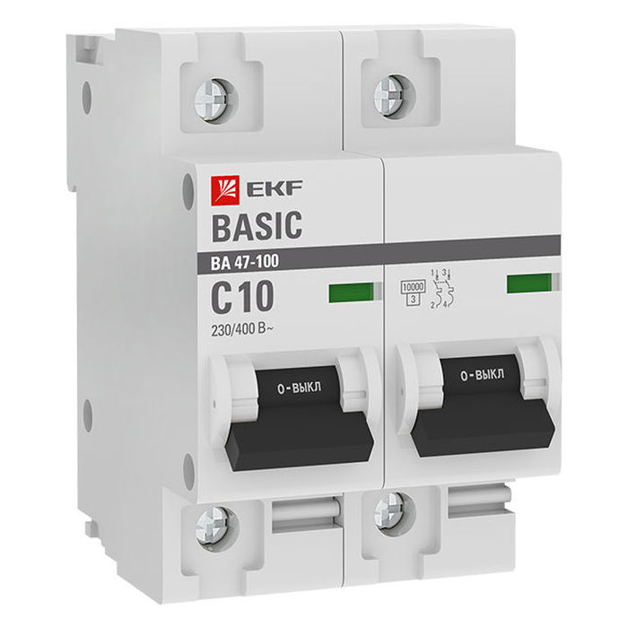Автоматический выключатель EKF Basic 2P 10А (C) 10кА, mcb47100-2-10C-bas