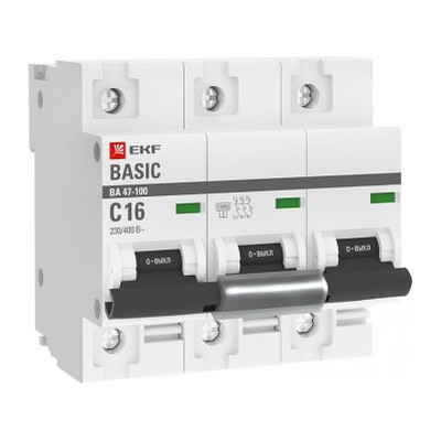 Автоматический выключатель EKF Basic 3P 16А (C) 10кА, mcb47100-3-16C-bas