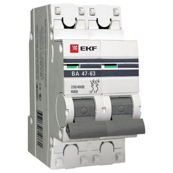 Автоматический выключатель EKF PROxima 2P 63А (C) 6кА, mcb4763-6-2-63C-pro
