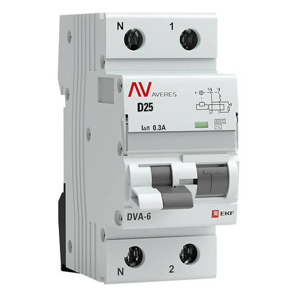 Дифавтомат EKF AVERES 1P+N 25А (D) 6 кА, 300 мА ( AC ), rcbo6-1pn-25D-300-ac-av