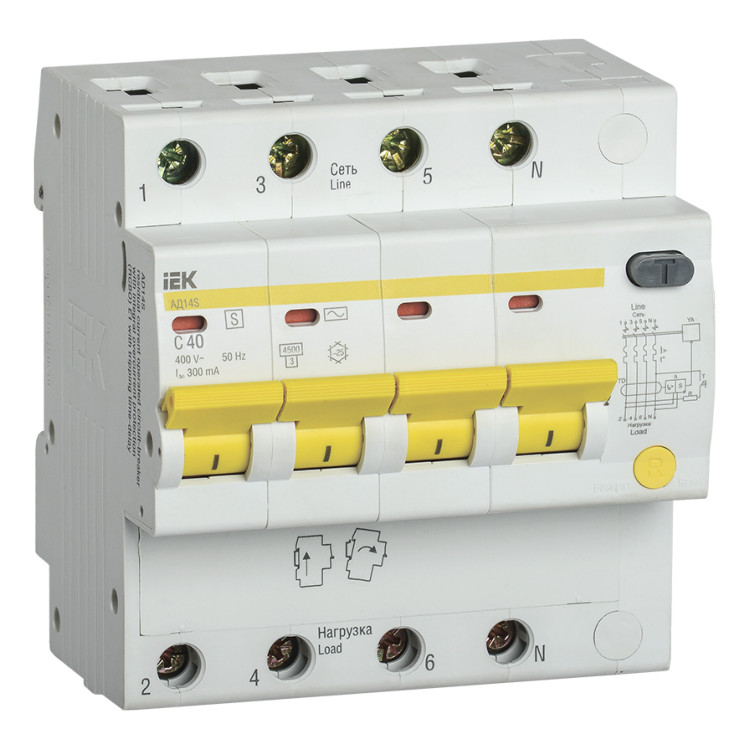 Дифавтомат IEK АД14S 4P 40А (C), 300 мА ( S ), MAD13-4-040-C-300
