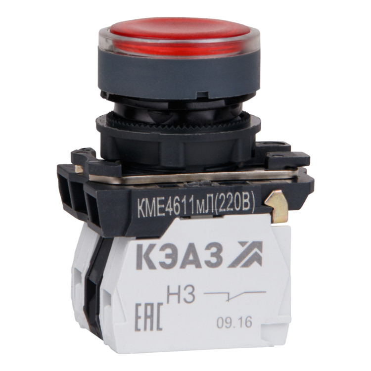 Кнопка КМЕ4611мЛ-220В-красный-1но+1нз-цилиндр-индикатор-IP65-КЭАЗ