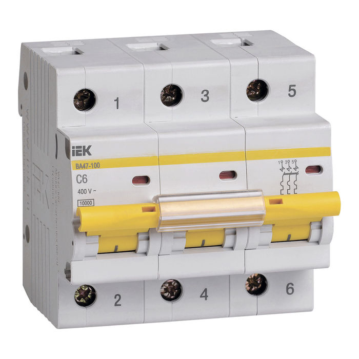 Автоматический выключатель IEK ВА47-100 3P 6А (C) 10кА, MVA40-3-006-C