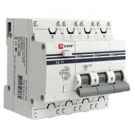 Дифавтомат EKF PROxima 3P+N 16А (C) 4.5 кА, 100 мА ( AC ), DA32-16-100-4P-pro