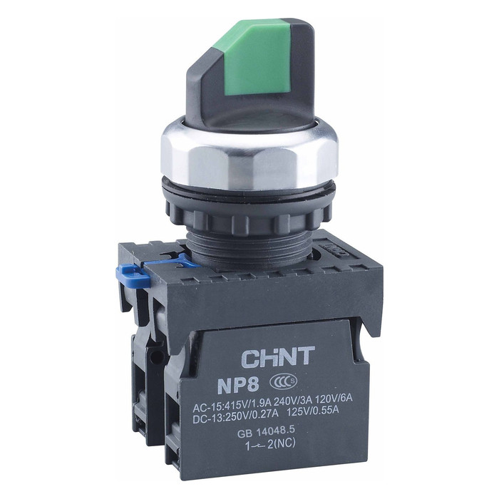 Переключатель с подсветкой NP8-11XD/313, 3 положения с фиксацией, 1НО+1НЗ зелёная AC110В-230В(LED) IP65 (R)(CHINT)