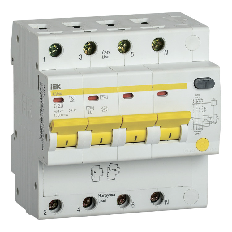 Дифавтомат IEK АД14S 4P 20А (C), 300 мА ( S ), MAD13-4-020-C-300