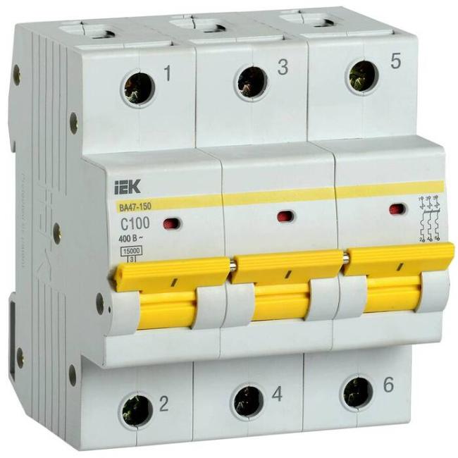 Автоматический выключатель IEK ВА47-150 3P 100А (C) 15кА, MVA50-3-100-C