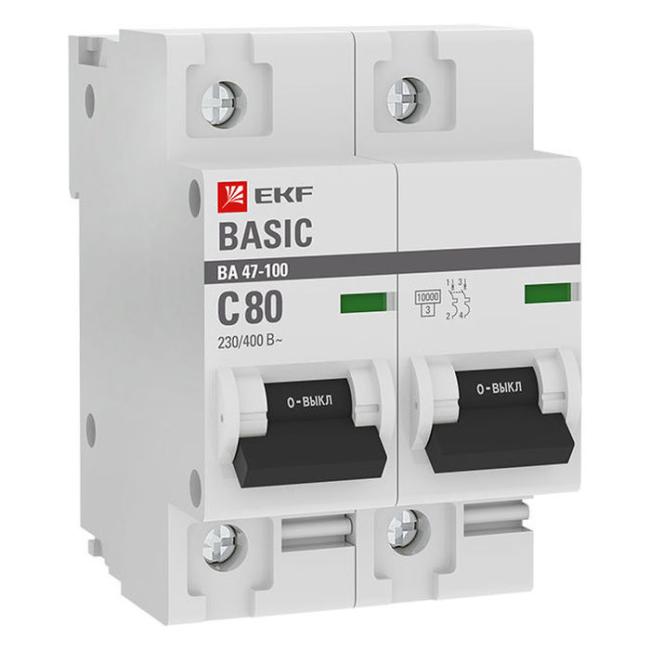 Автоматический выключатель EKF Basic 2P 80А (C) 10кА, mcb47100-2-80C-bas Автоматический выключатель EKF Basic 2P 80А (C) 10кА, mcb47100-2-80C-bas