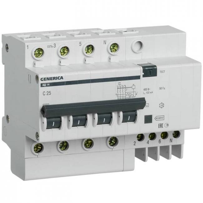 Дифавтомат IEK GENERICA 4P 25А (C) 4.5 кА, 100 мА ( AC ), MAD15-4-025-C-100