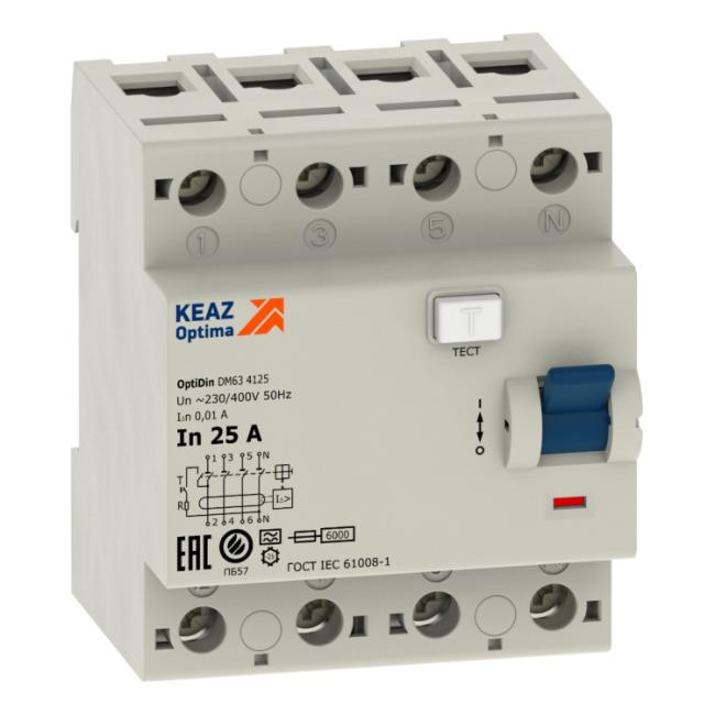 УЗО КЭАЗ OptiDin DМ63 4P 25А 6 кА, 30 мА ( AC ), 254201 УЗО КЭАЗ OptiDin DМ63 4P 25А 6 кА, 30 мА ( AC ), 254201