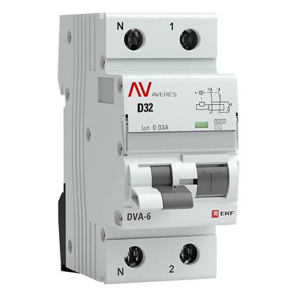 Дифавтомат EKF AVERES 1P+N 32А (D) 6 кА, 30 мА ( AC ), rcbo6-1pn-32D-30-ac-av