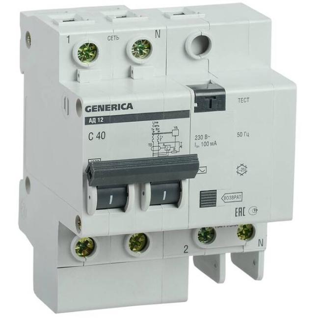 Дифавтомат IEK GENERICA 2P 40А (C) 4.5 кА, 100 мА ( AC ), MAD15-2-040-C-100 Дифавтомат IEK GENERICA 2P 40А (C) 4.5 кА, 100 мА ( AC ), MAD15-2-040-C-100
