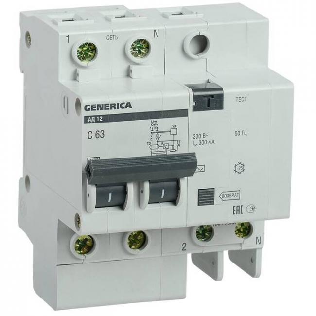 Дифавтомат IEK GENERICA 2P 63А (C) 4.5 кА, 300 мА ( AC ), MAD15-2-063-C-300 Дифавтомат IEK GENERICA 2P 63А (C) 4.5 кА, 300 мА ( AC ), MAD15-2-063-C-300