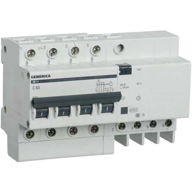 Дифавтомат IEK GENERICA 4P 63А (C) 4.5 кА, 100 мА ( AC ), MAD15-4-063-C-100 Дифавтомат IEK GENERICA 4P 63А (C) 4.5 кА, 100 мА ( AC ), MAD15-4-063-C-100