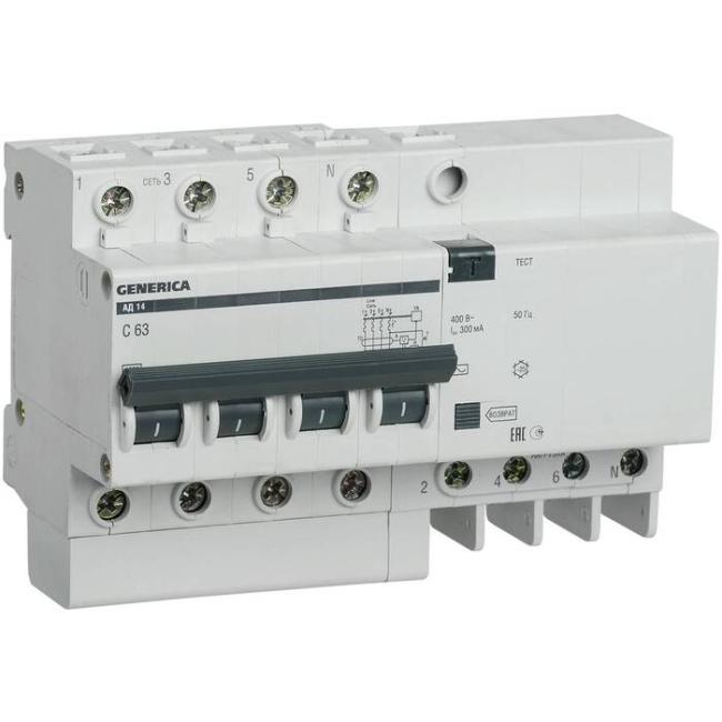 Дифавтомат IEK GENERICA 4P 63А (C) 4.5 кА, 300 мА ( AC ), MAD15-4-063-C-300 Дифавтомат IEK GENERICA 4P 63А (C) 4.5 кА, 300 мА ( AC ), MAD15-4-063-C-300