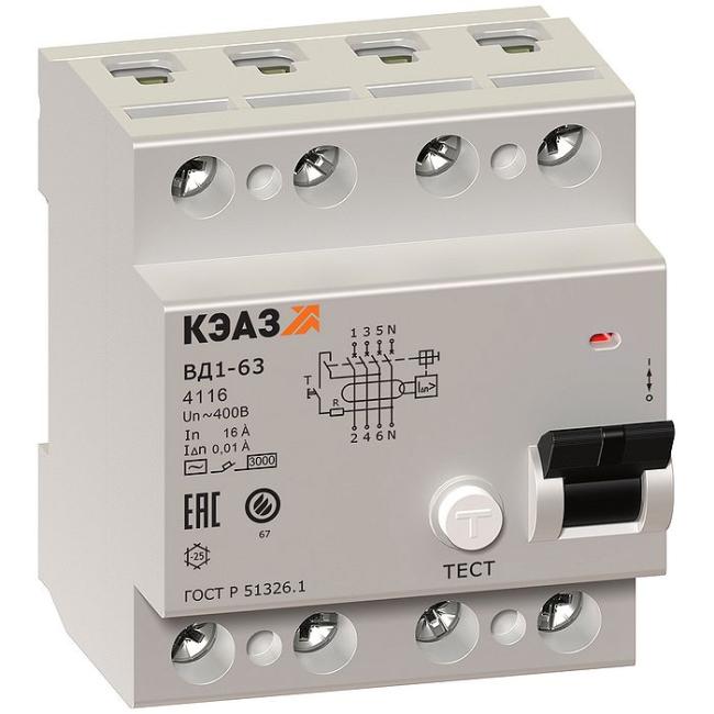 УЗО КЭАЗ ВД1-63 4P 40А 4.5 кА, 30 мА ( AC ), 221949 УЗО КЭАЗ ВД1-63 4P 40А 4.5 кА, 30 мА ( AC ), 221949