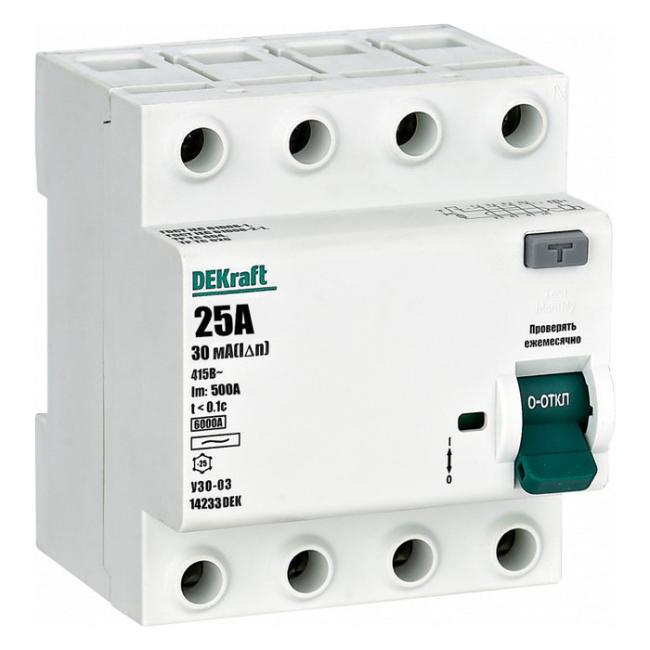 УЗО DEKraft УЗО-03 4P 25А 6 кА, 30 мА ( AC ), 14233DEK УЗО DEKraft УЗО-03 4P 25А 6 кА, 30 мА ( AC ), 14233DEK