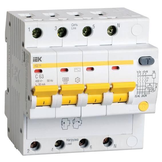 Дифавтомат IEK АД14 4P 63А (C) 4.5 кА, 300 мА ( AC ), MAD10-4-063-C-300 Дифавтомат IEK АД14 4P 63А (C) 4.5 кА, 300 мА ( AC ), MAD10-4-063-C-300