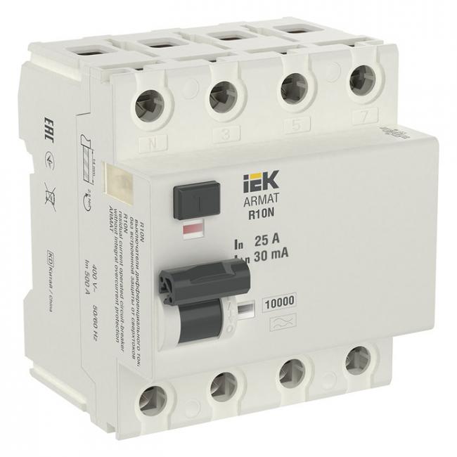УЗО IEK ARMAT 4P 25А, 30 мА ( A ), AR-R10N-4-025A030 УЗО IEK ARMAT 4P 25А, 30 мА ( A ), AR-R10N-4-025A030