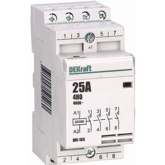 Модульный контактор DEKraft МК-103 4НО 25А 230В AC, 18067DEK Модульный контактор DEKraft МК-103 4НО 25А 230В AC, 18067DEK