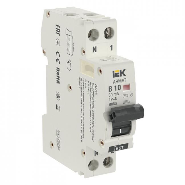 Дифавтомат IEK ARMAT 1P+N 10А (B) 6 кА, ( AC ), AR-B06S-1N-B10C030 Дифавтомат IEK ARMAT 1P+N 10А (B) 6 кА, ( AC ), AR-B06S-1N-B10C030