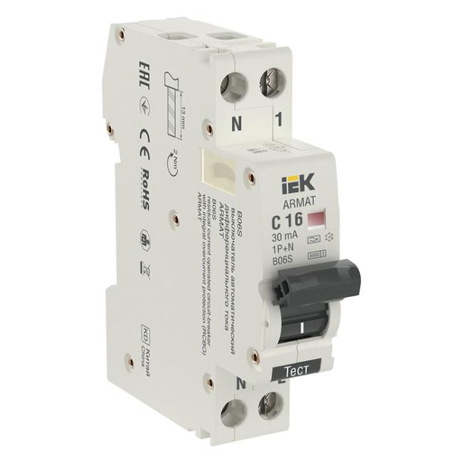 Дифавтомат IEK ARMAT 1P+N 16А (C) 6 кА, ( A ), AR-B06S-1N-C16A030 Дифавтомат IEK ARMAT 1P+N 16А (C) 6 кА, ( A ), AR-B06S-1N-C16A030