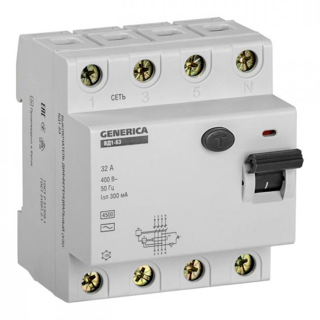 УЗО IEK GENERICA 4P 32А, 300 мА ( AC ), MDV15-4-032-300 УЗО IEK GENERICA 4P 32А, 300 мА ( AC ), MDV15-4-032-300