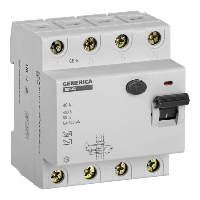 УЗО IEK GENERICA 4P 40А, 300 мА ( AC ), MDV15-4-040-300 УЗО IEK GENERICA 4P 40А, 300 мА ( AC ), MDV15-4-040-300